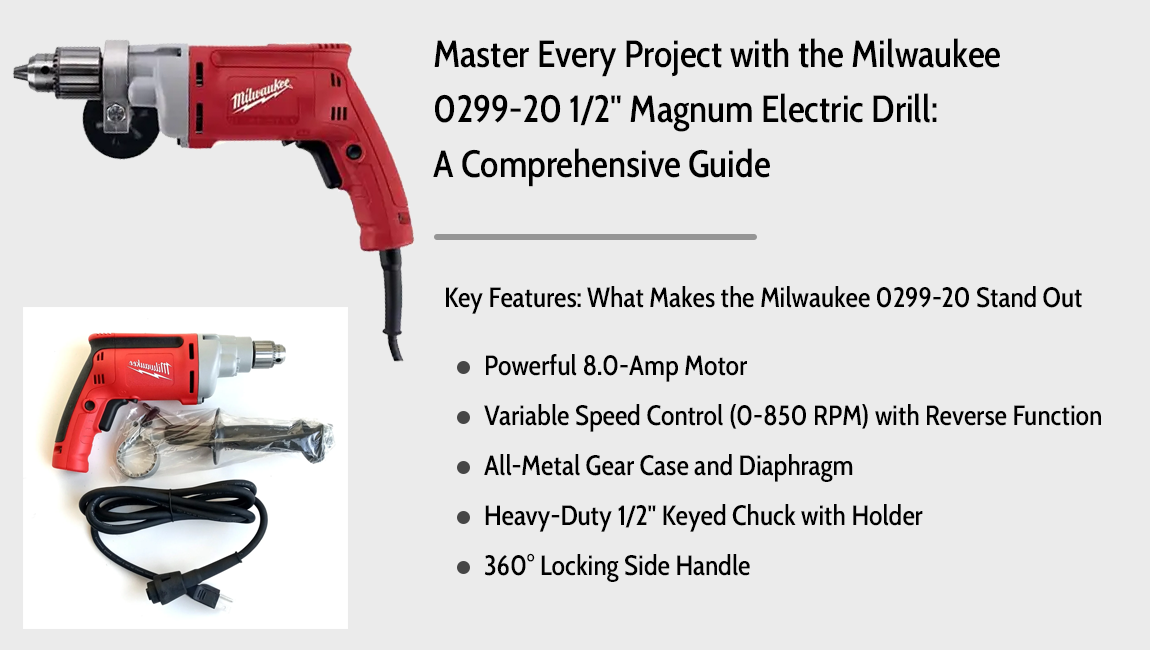 Milwaukee 0299-20 1/2" Magnum Electric Drill, 0-850 RPM, 8 Amp, Variable Speed, Keyed Chuck