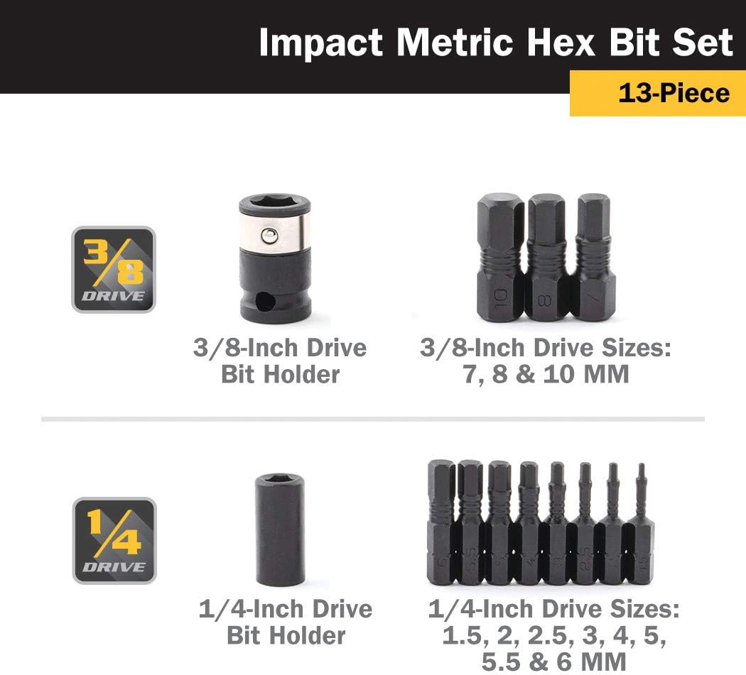 Titan Tools 16038 13-Piece Impact Hex Bit Set, Metric Sizes, Durable Storage Case