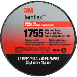3M 57173 Temflex Cotton Friction Tape 1755, 3/4" x 60 ft, Black