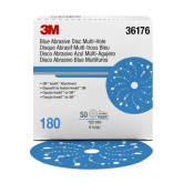 3M Hookit 36176 Blue Abrasive Sanding Discs 321U Multi-hole, 6 in, 180 Grit, 50 Discs