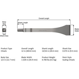 AJAX 393-12 Weld Flux Scaling Chisel, Cleco Style Shank, 1-3/8" Wide, 12" Long