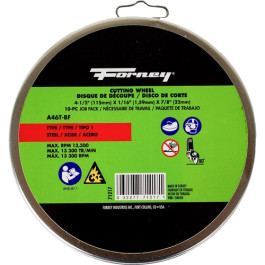Forney 71217 Type 1 Metal Cut-Off Wheels, Aluminum Oxide, 4-1/2" x 1/16" x