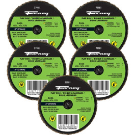Forney 71615 Quick Change Flap Discs, 36 Grit, 3", Roll Lock, 20,000 RPM, 5