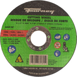 Forney 71815 Metal Cut-Off Wheel, Type 1 Flat, 4-1/2" x .080" x 7/8", A46T-