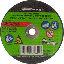 Forney 71840 Type 1 Metal Cut-Off Wheel, Aluminum Oxide, 46 Grit, 3" x 1/16