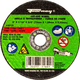 Forney 71841 Type 1 Metal Cut-Off Wheel, Aluminum Oxide, 46 Grit, 3" x 1/16