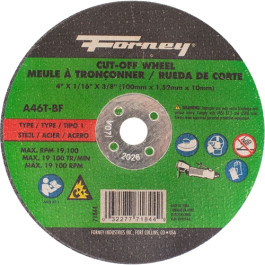 Forney 71844 Type 1 Metal Cut-Off Wheel, Aluminum Oxide, 46 Grit, 4" x 1/16