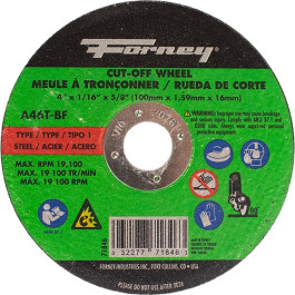 Forney 71846 Type 1 Metal Cut-Off Wheel, Aluminum Oxide, 46 Grit, 4" x 1/16