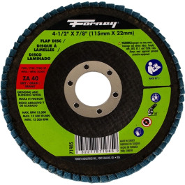 Forney 71985 Type 29 Flap Disc, 4-1/2" x 7/8", ZA40 Zirconia Alumina, 40 Gr