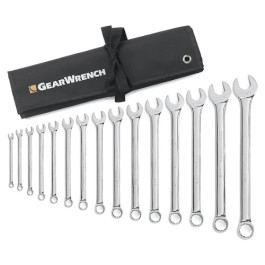 Gearwrench 81918 Long Pattern Combination Wrench Set, SAE, 12 Point, Tool Roll, 15 Piece