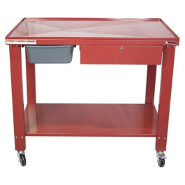 K-Tool International 75109 Tear Down Table, 48 Inches by 32 Inches, 31 Inch Height, Offset Drain with 3 Gallon Pan, Lockable Drawer, 4 Inch Swivel Casters, Red