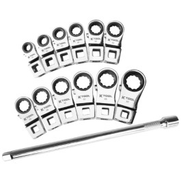 K-Tool International XD2CWSM Ratcheting Crowfoot Wrench Set, Metric, 3/8 Inch Drive, 13 Piece, 72 Tooth, 10 Inch Locking Extension