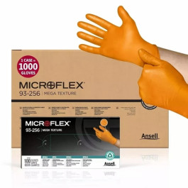 Ansell 93-256 Microflex Mega Texture Nitrile Disposable Gloves, Orange, Large, Box of 100