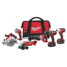 Milwaukee 2696-26 M18 Cordless 6-Tool Combo Kit, 2 Batteries, Contractor Bag