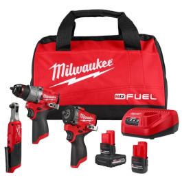 Milwaukee 3424-23 M12 FUEL 3-Tool Combo Kit, 3/8" Stubby Impact Wrench, 3/8