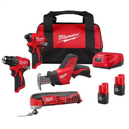 Milwaukee 3494-24 M12 Subcompact Brushless 4-Tool Combo Kit, 3/8" Drill/Dri