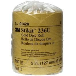 3M 01428 236U Series Stikit Gold Abrasive Disc, 5" Diameter, P80 Grit, PSA,