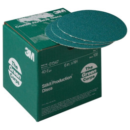 3M 1547 Green Corps Stikit Production Disc, 6 Inch, 40 Grit, No Hole, Pack of 100