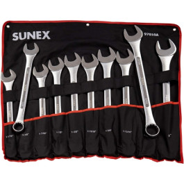 Sunex 97010A Raised Panel Jumbo Combination Wrench Set, 10-Piece, SAE, Steel, Chrome Plated, Includes Roll-Case