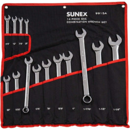 Sunex 9915A V-Groove Fractional SAE Full Polish Combination Wrench Set, 3/8 inch to 1-1/4 inch, Long Pattern, 14 Piece