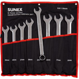 Sunex 9919MA V-Groove Metric Full Polish Combination Wrench Set, 25 mm to 32 mm, 8 Piece (Includes Roll Case)