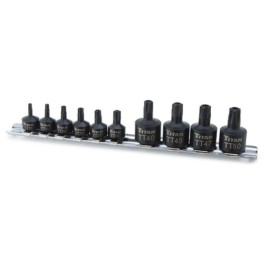 Titan 16143 Tamper Resistant Stubby Star Bit Socket Set, 1/4" & 3/8" Drive, Chrome Molybdenum, 10-Piece with Storage Rail